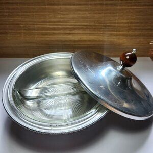 Vintage Buenilum Serving Dish Divided Pyrex Insert Polished Aluminium Covered